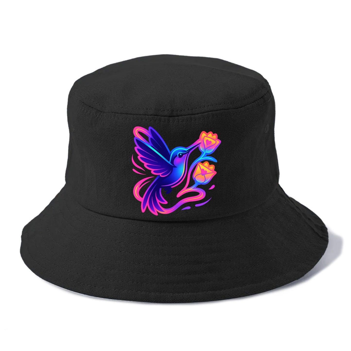 Hummingbird delivering miniature love letters tucked inside flower envelopes - Bucket Hat - Black