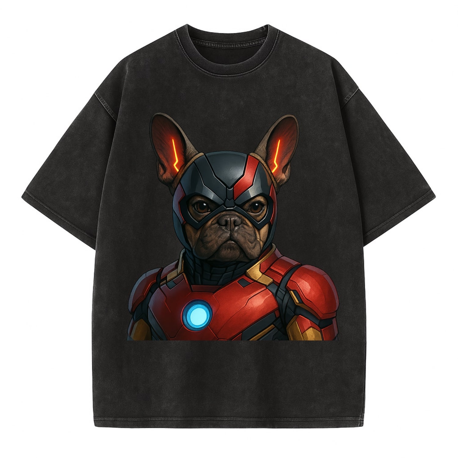 French Bulldog Iron Man  - Vintage T-shirt - Black