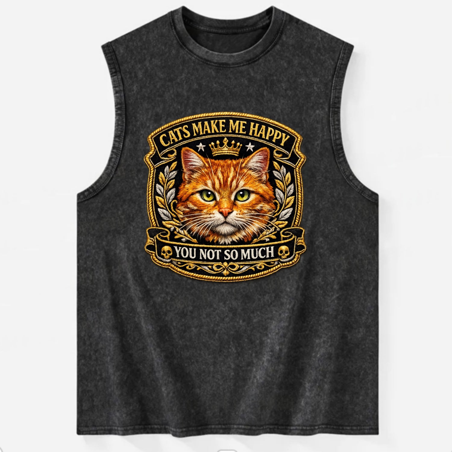 CATS MAKE ME HAPPY YOU NOT SO MUCH - cat face in orange , cat preference - Vintage Washed Tank - Black
