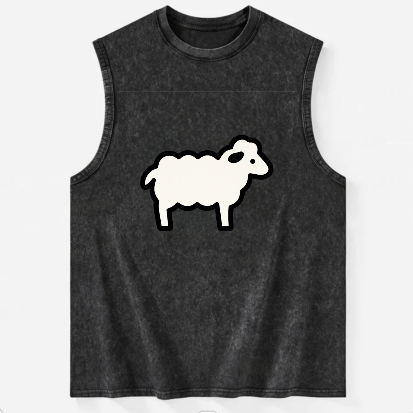 Sheep - White fluffy wool flat side profile - Vintage Washed Tank - Black