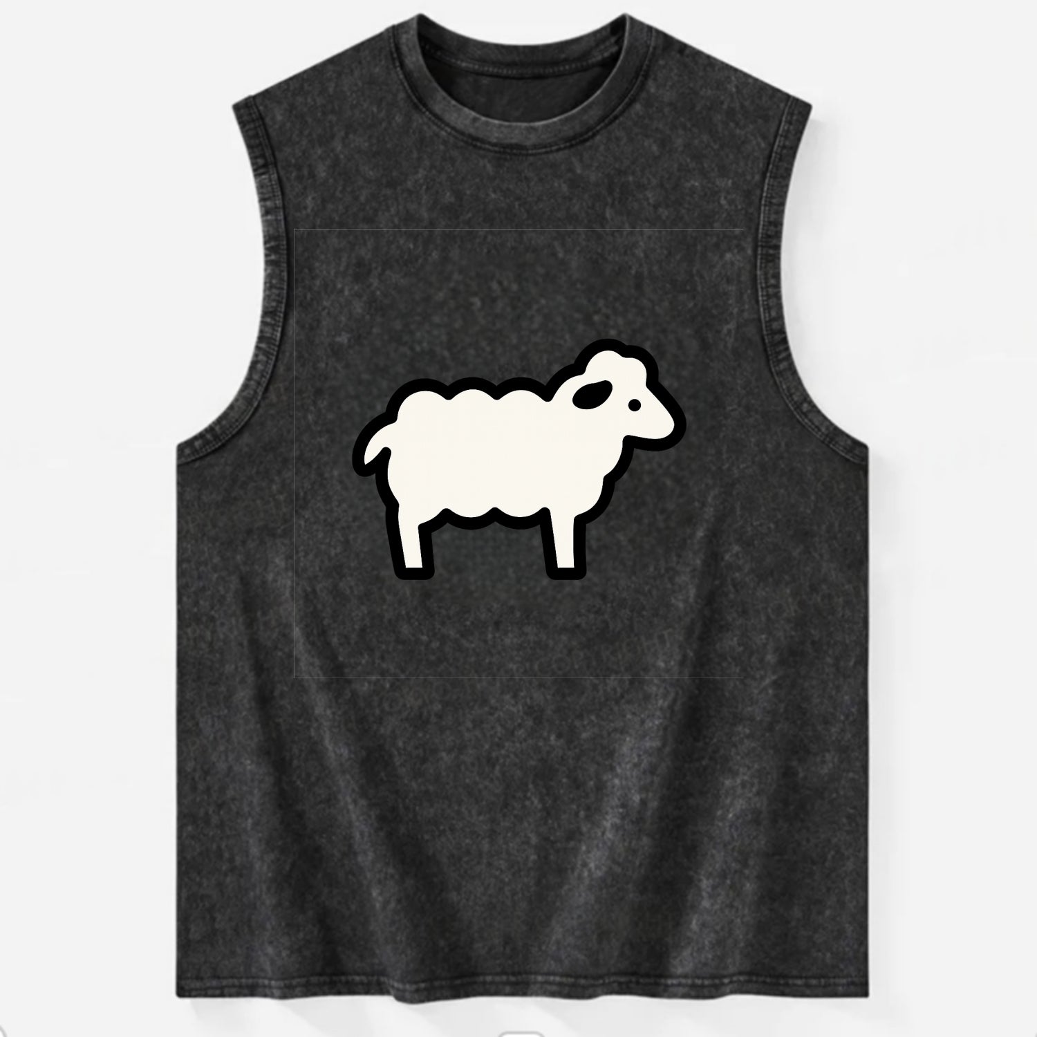 Sheep - White fluffy wool flat side profile - Vintage Washed Tank - Black