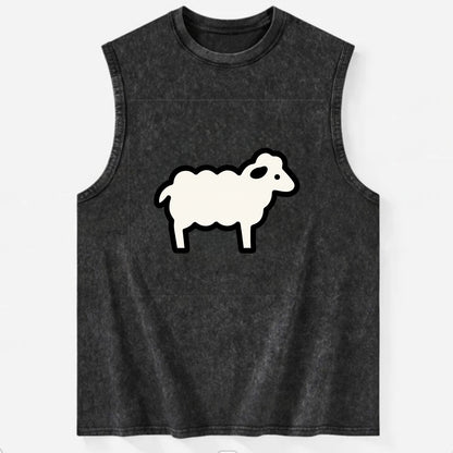 Sheep - White fluffy wool flat side profile - Vintage Washed Tank - Black