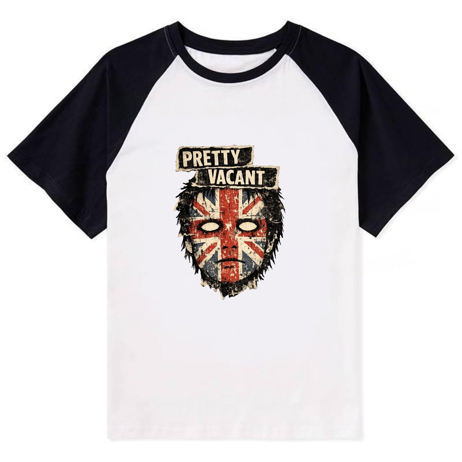 PRETTY VACANT | Blank stare Union Jack face | Empty expression | Punk - Contrast Raglan T-shirt - Black