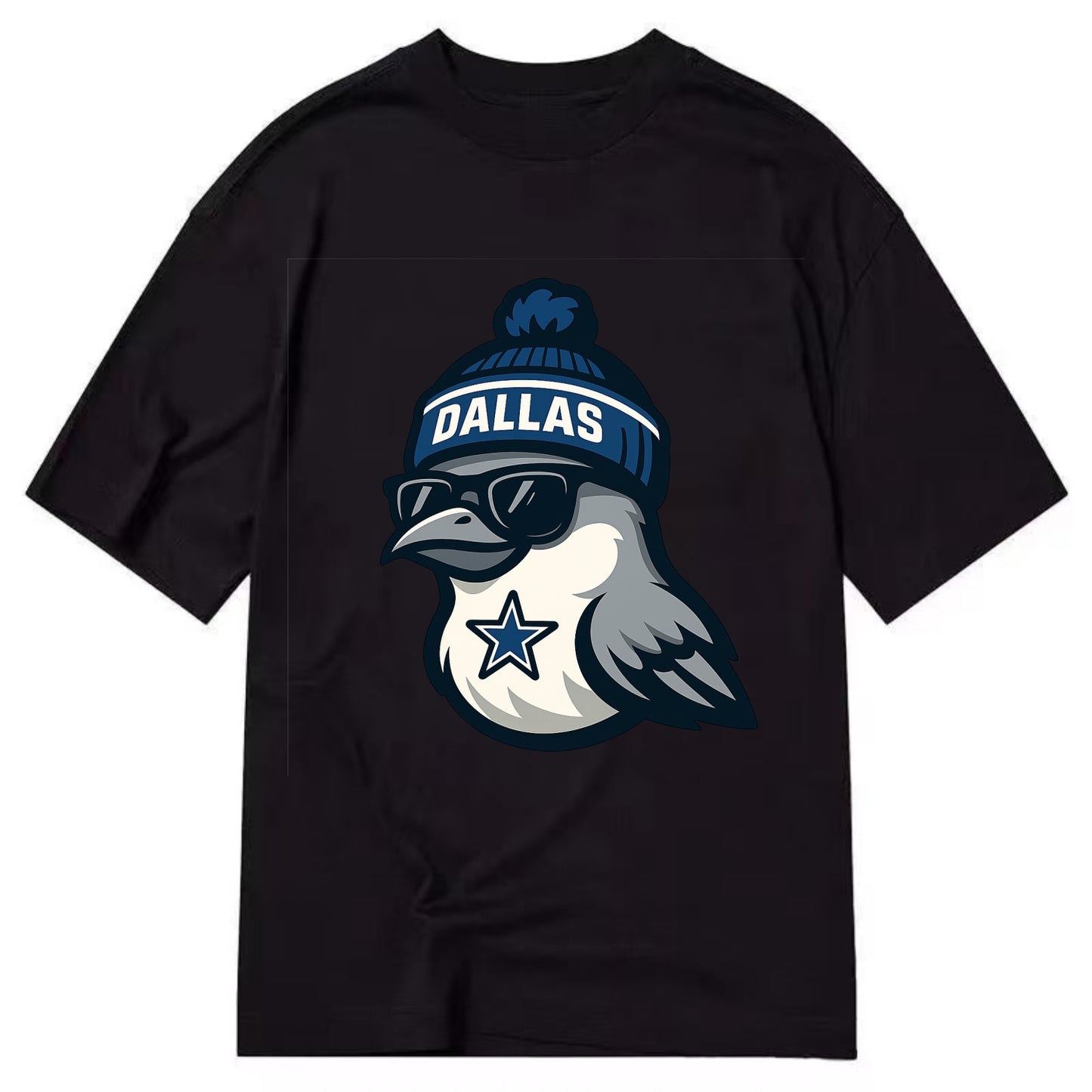 Dallas Mockingbird wearing Cowboys beanie with sheriff star and wayfarer - Classic T-shirt - Black