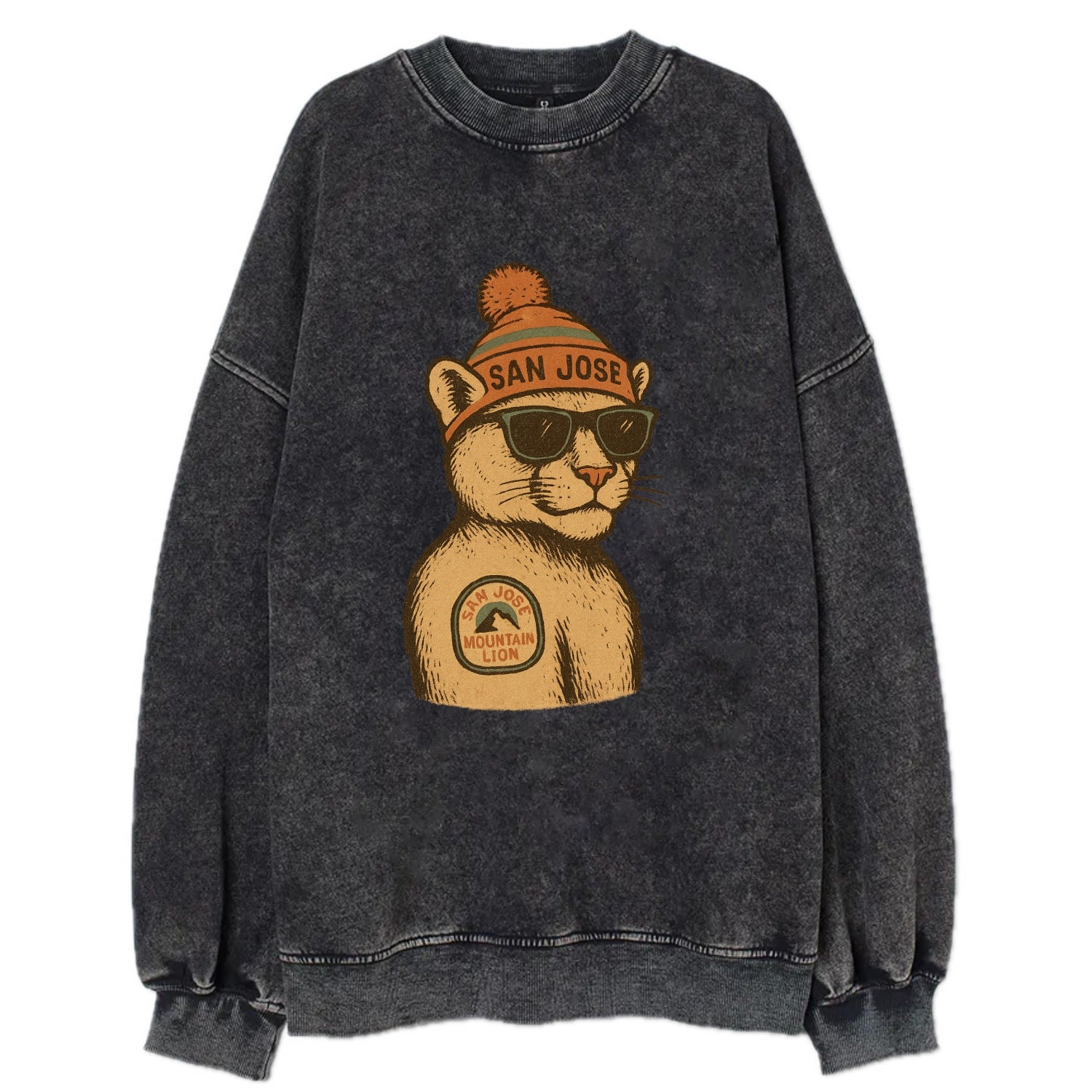 San Jose Mountain Lion wearing San Jose beanie with pom pom and wayfarer - Vintage Sweatshirt - Black