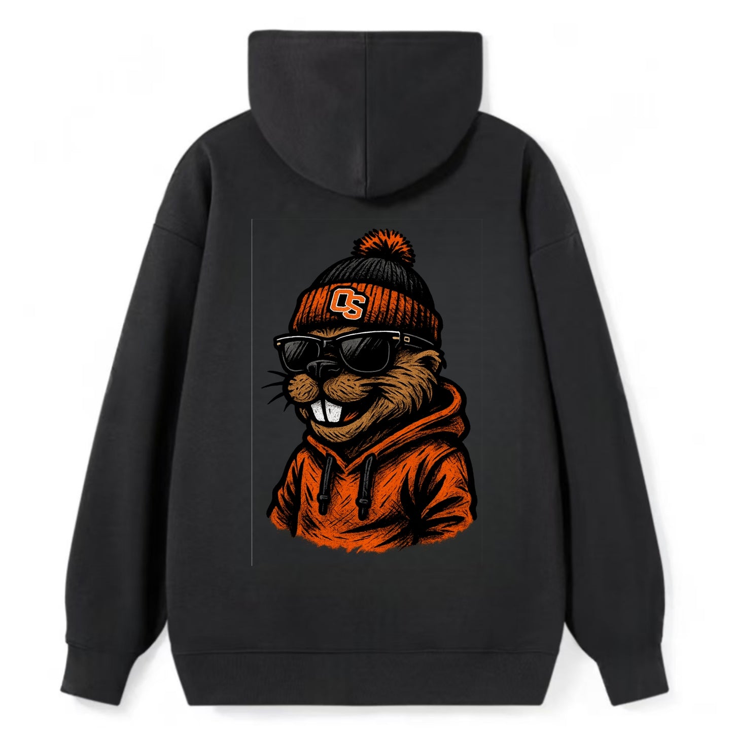 Corvallis Beaver wearing Oregon State beanie with OS patch - Classic Pullover Hoodie - Black