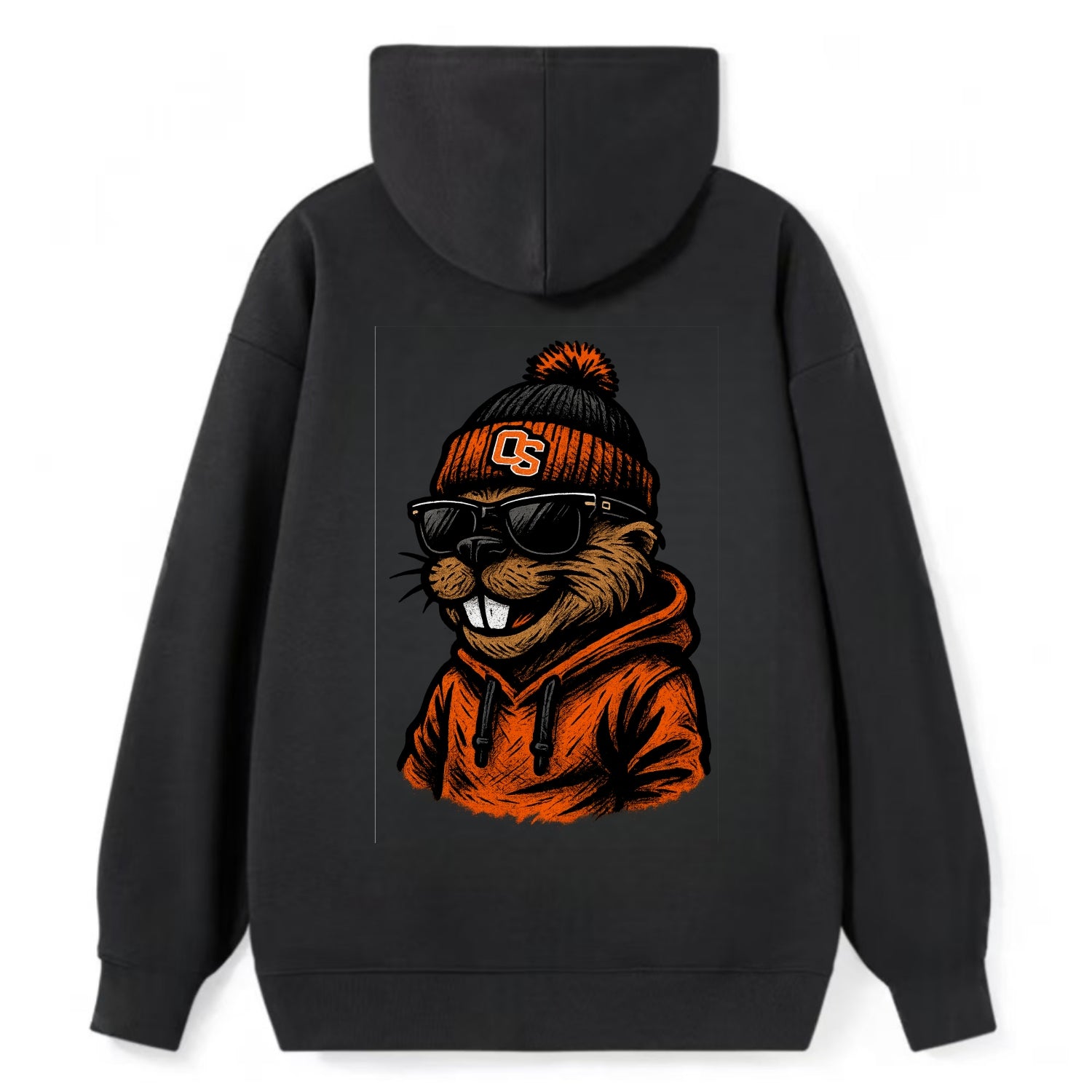Corvallis Beaver wearing Oregon State beanie with OS patch - Classic Pullover Hoodie - Black