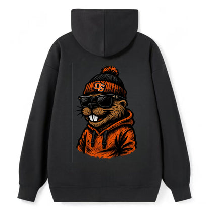 Corvallis Beaver wearing Oregon State beanie with OS patch - Classic Pullover Hoodie - Black