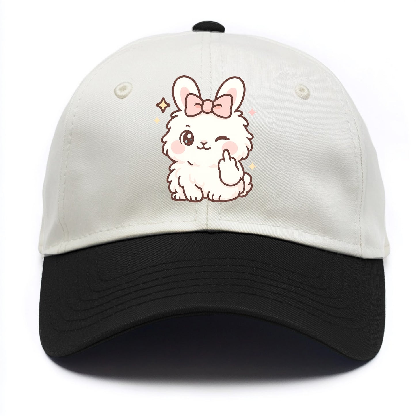 fluffy white angora rabbit with pink bow, one paw delicately flipping off - Two Tone Cap - Black