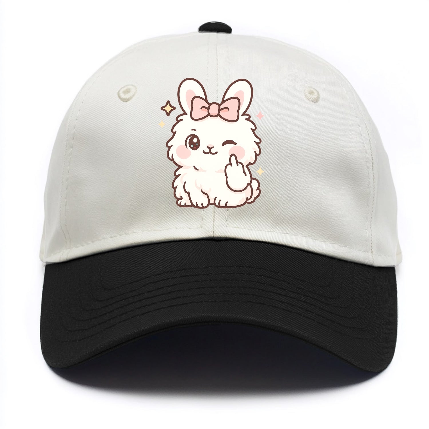 fluffy white angora rabbit with pink bow, one paw delicately flipping off - Two Tone Cap - Black