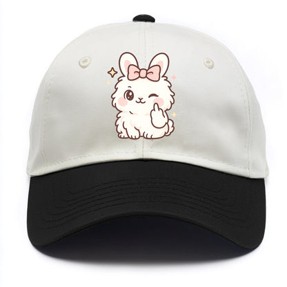 fluffy white angora rabbit with pink bow, one paw delicately flipping off - Two Tone Cap - Black