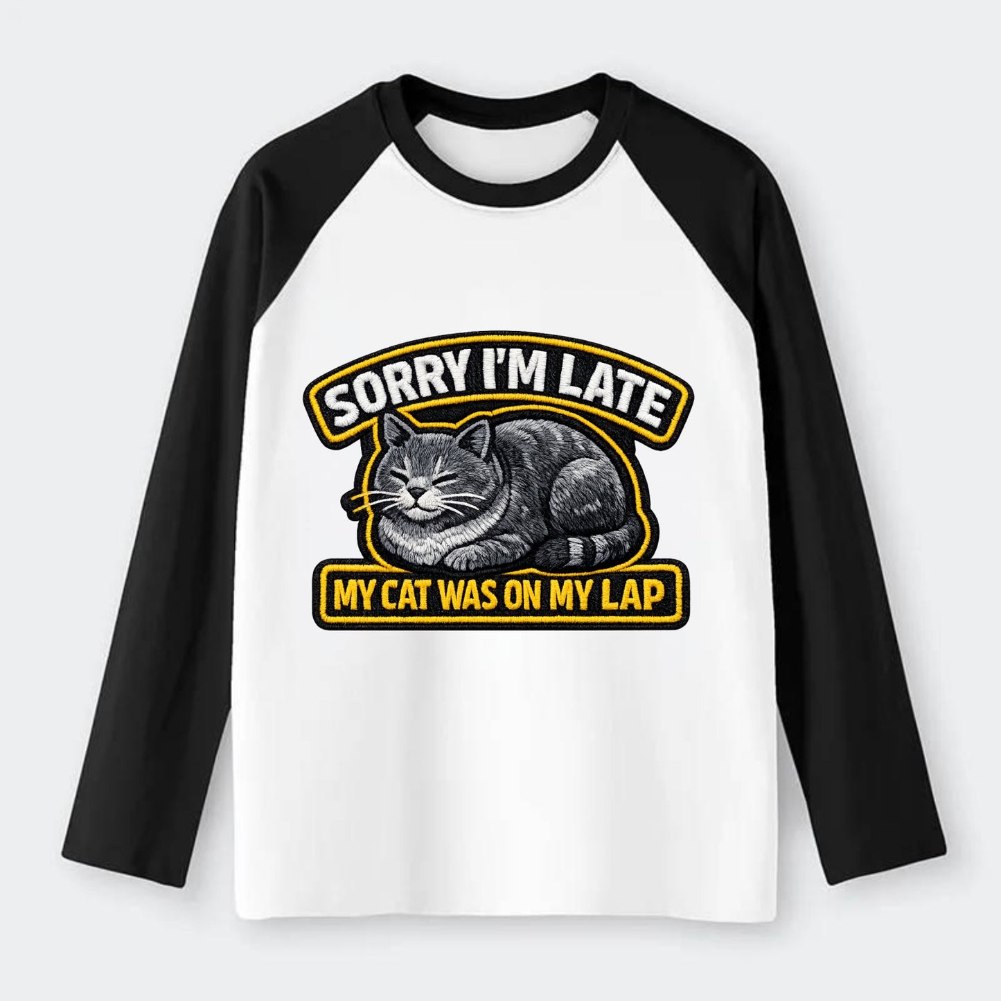 SORRY IM LATE MY CAT WAS ON MY LAP - cat loaf in gray , valid excuse - Raglan Long Sleeve T-Shirt - Black