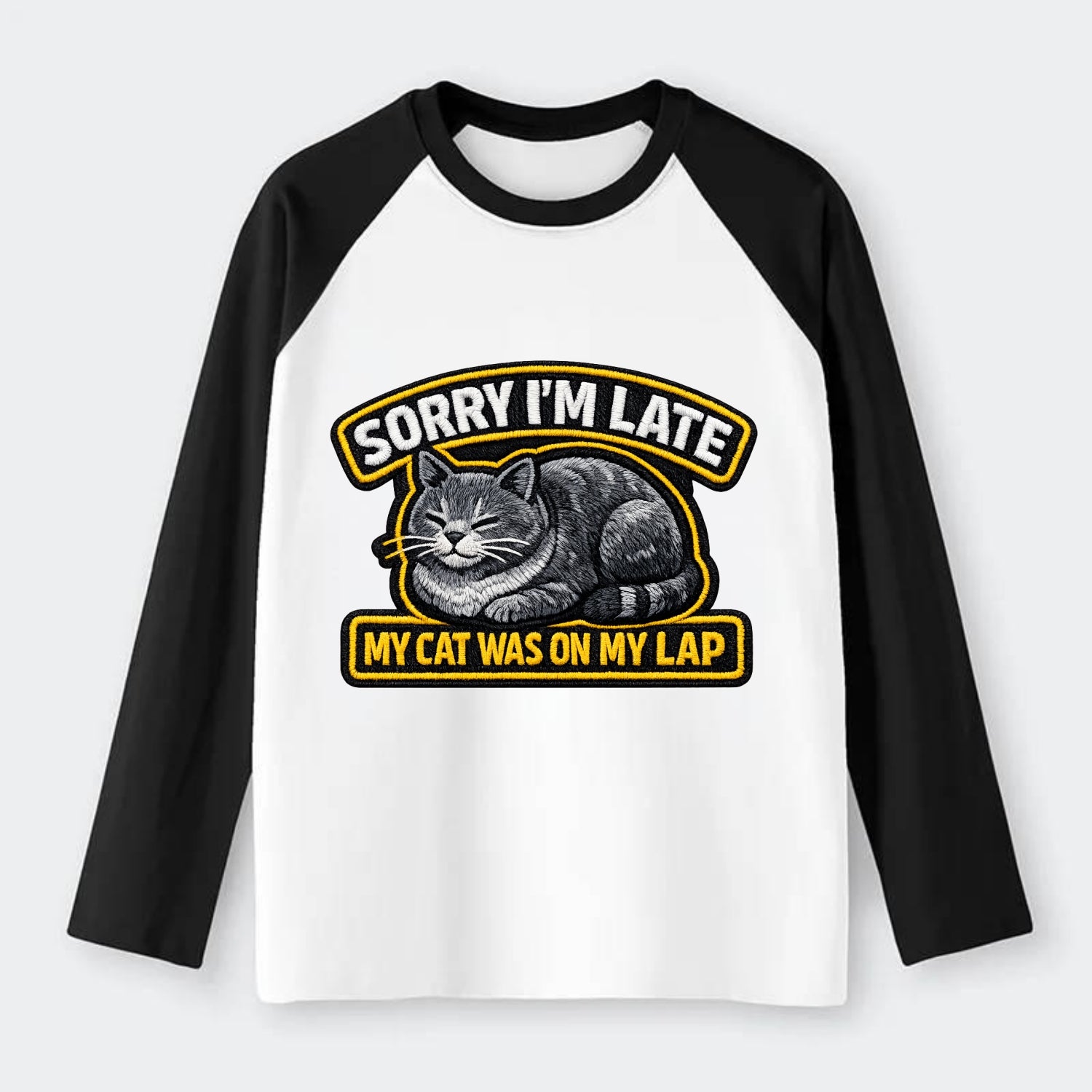 SORRY IM LATE MY CAT WAS ON MY LAP - cat loaf in gray , valid excuse - Raglan Long Sleeve T-Shirt - Black