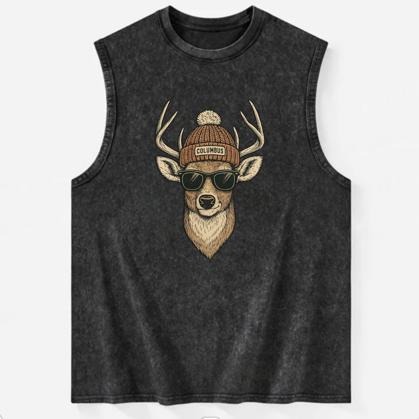 Ohio White-tailed Deer wearing Columbus beanie with pom pom and wayfarer - Vintage Washed Tank - Black
