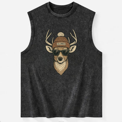 Ohio White-tailed Deer wearing Columbus beanie with pom pom and wayfarer - Vintage Washed Tank - Black