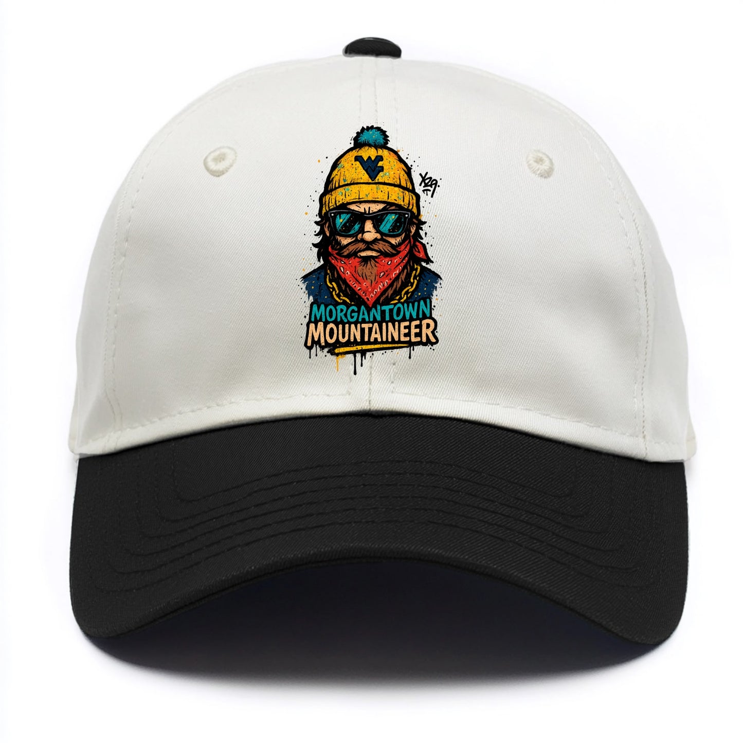 Morgantown Mountaineer wearing West Virginia beanie with WV patch - Two Tone Cap - Black