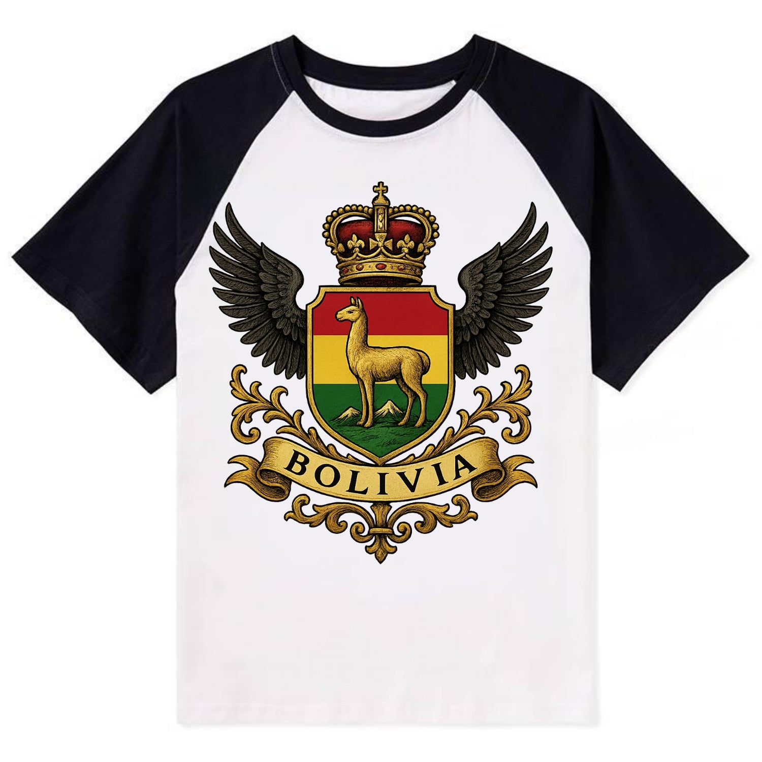 Bolivia Llama Emblem  - Contrast Raglan T-shirt - Black