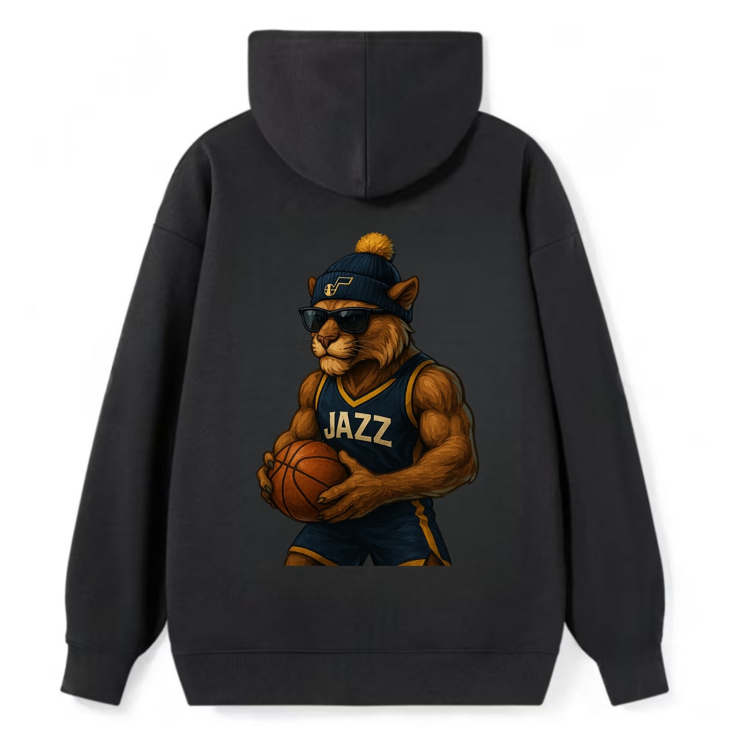 Utah Mountain Lion wearing Jazz navy and yellow beanie with music note - Classic Pullover Hoodie - Black