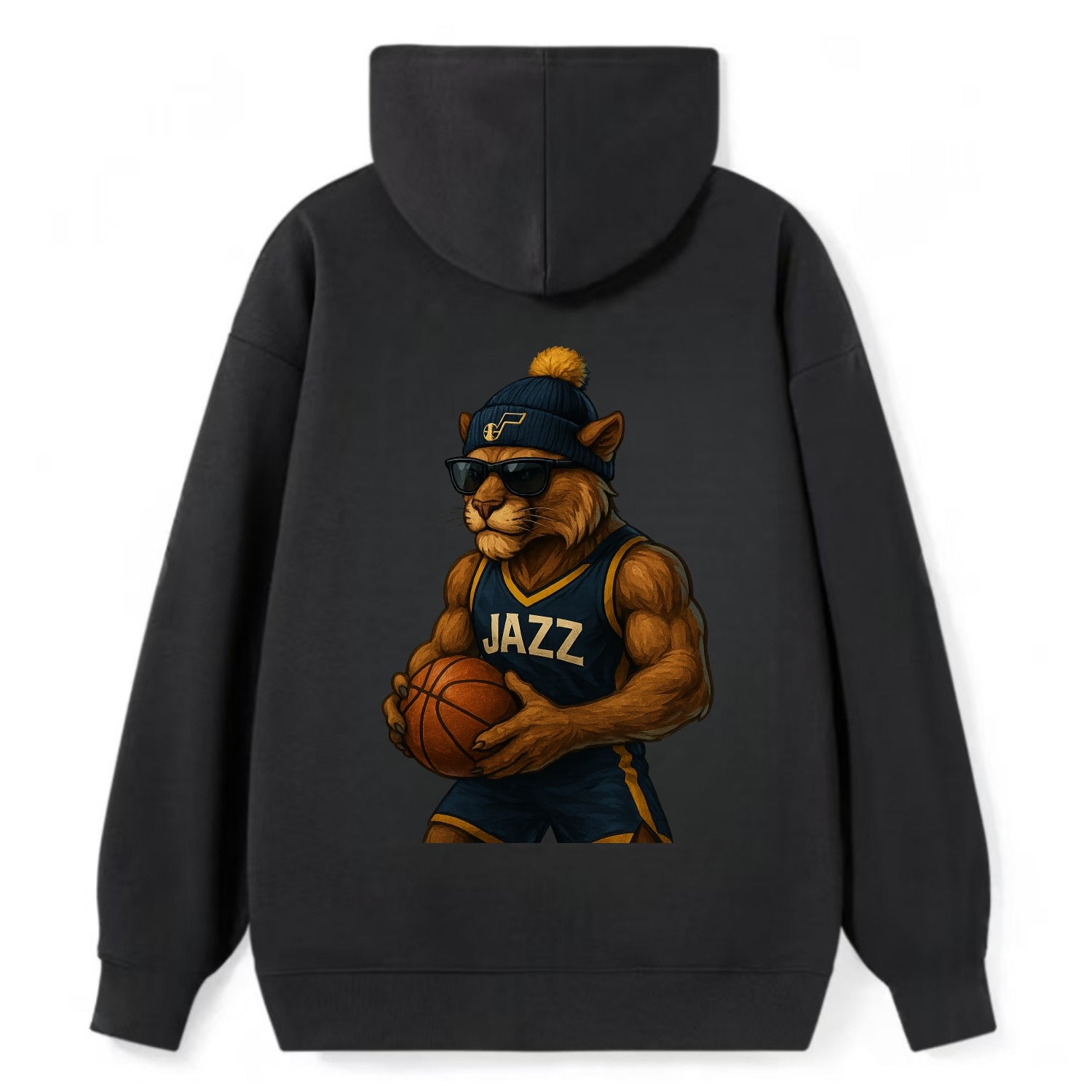 Utah Mountain Lion wearing Jazz navy and yellow beanie with music note - Classic Pullover Hoodie - Black