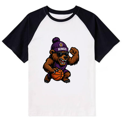 California Grizzly wearing Kings beanie with royal scepter patch and - Contrast Raglan T-shirt - Black