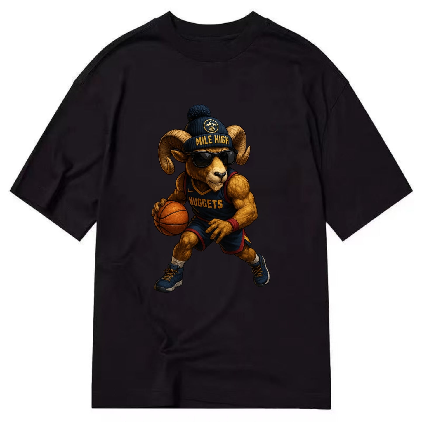 Mile High Bighorn wearing Nuggets beanie with mountain patch and wayfarer - Classic T-shirt - Black