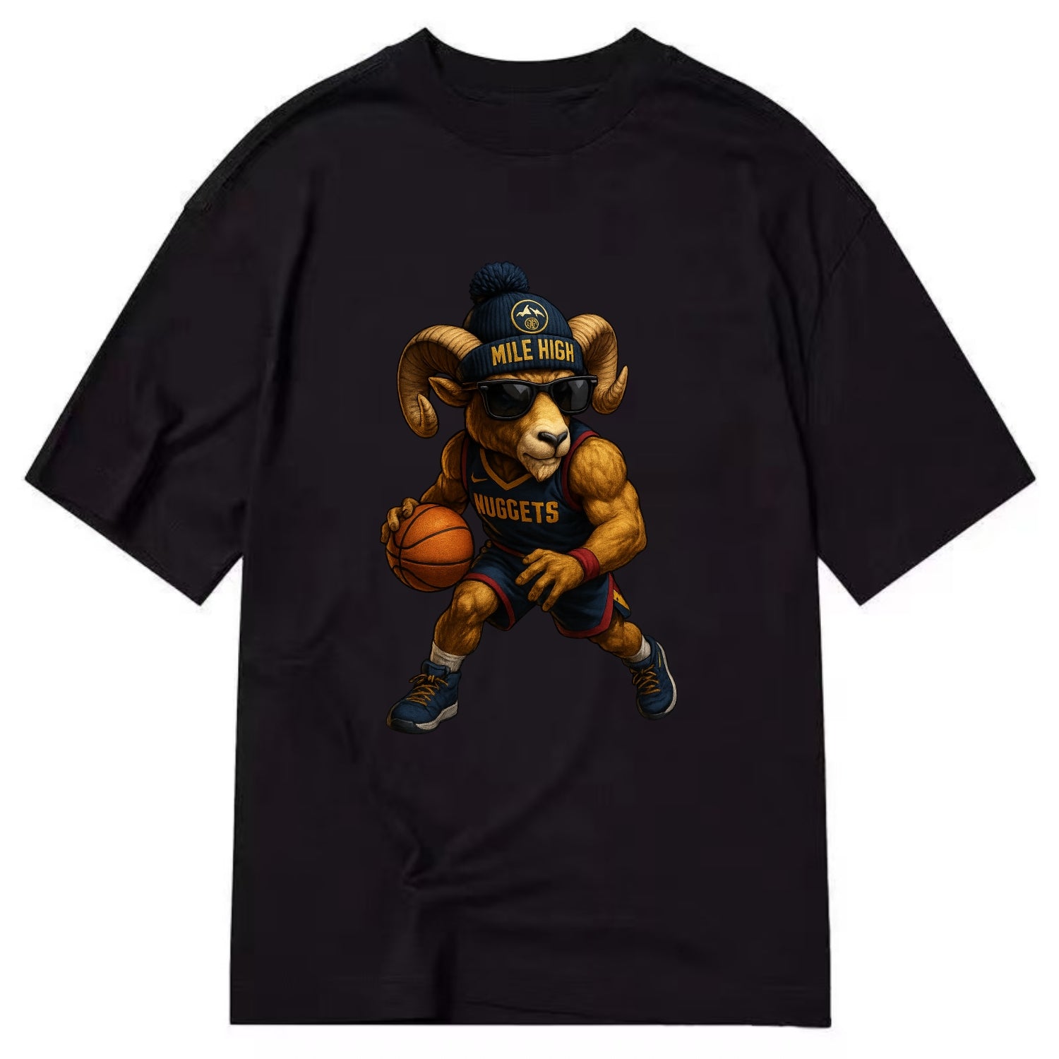 Mile High Bighorn wearing Nuggets beanie with mountain patch and wayfarer - Classic T-shirt - Black
