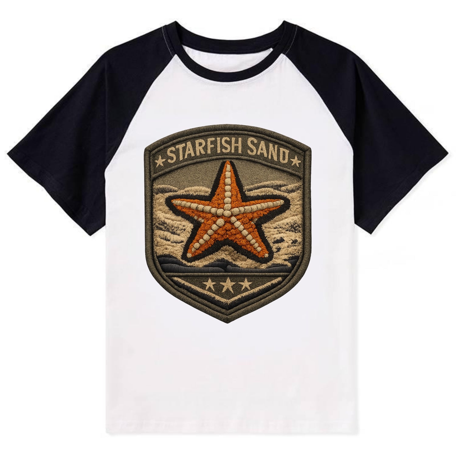 STARFISH SAND - sea star in orange and tan , beachcomber - Contrast Raglan T-shirt - Black