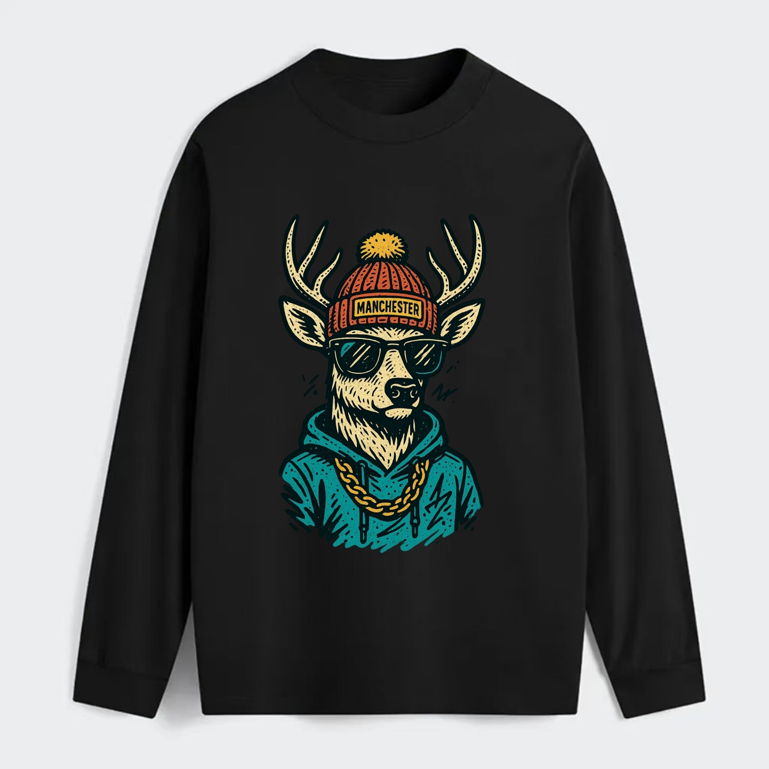 New Hampshire White-tailed Deer wearing Manchester beanie with pom pom - Classic Long Sleeve Shirt - Black