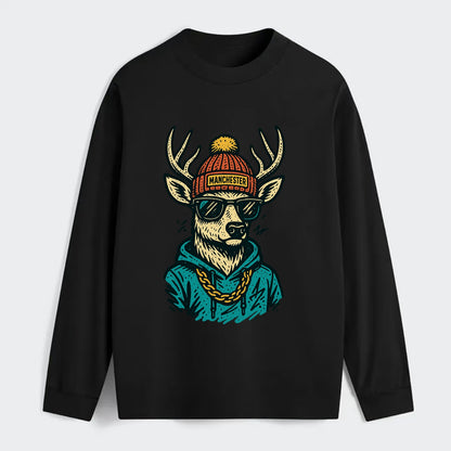 New Hampshire White-tailed Deer wearing Manchester beanie with pom pom - Classic Long Sleeve Shirt - Black