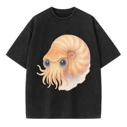 Baby Nautilus - spiral shell, tentacles peeking, ancient eyes, front-facing, - Vintage T-shirt - Black