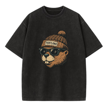 Portland Beaver wearing Portland beanie with pom pom and wayfarer sunglasses - Vintage T-shirt - Black
