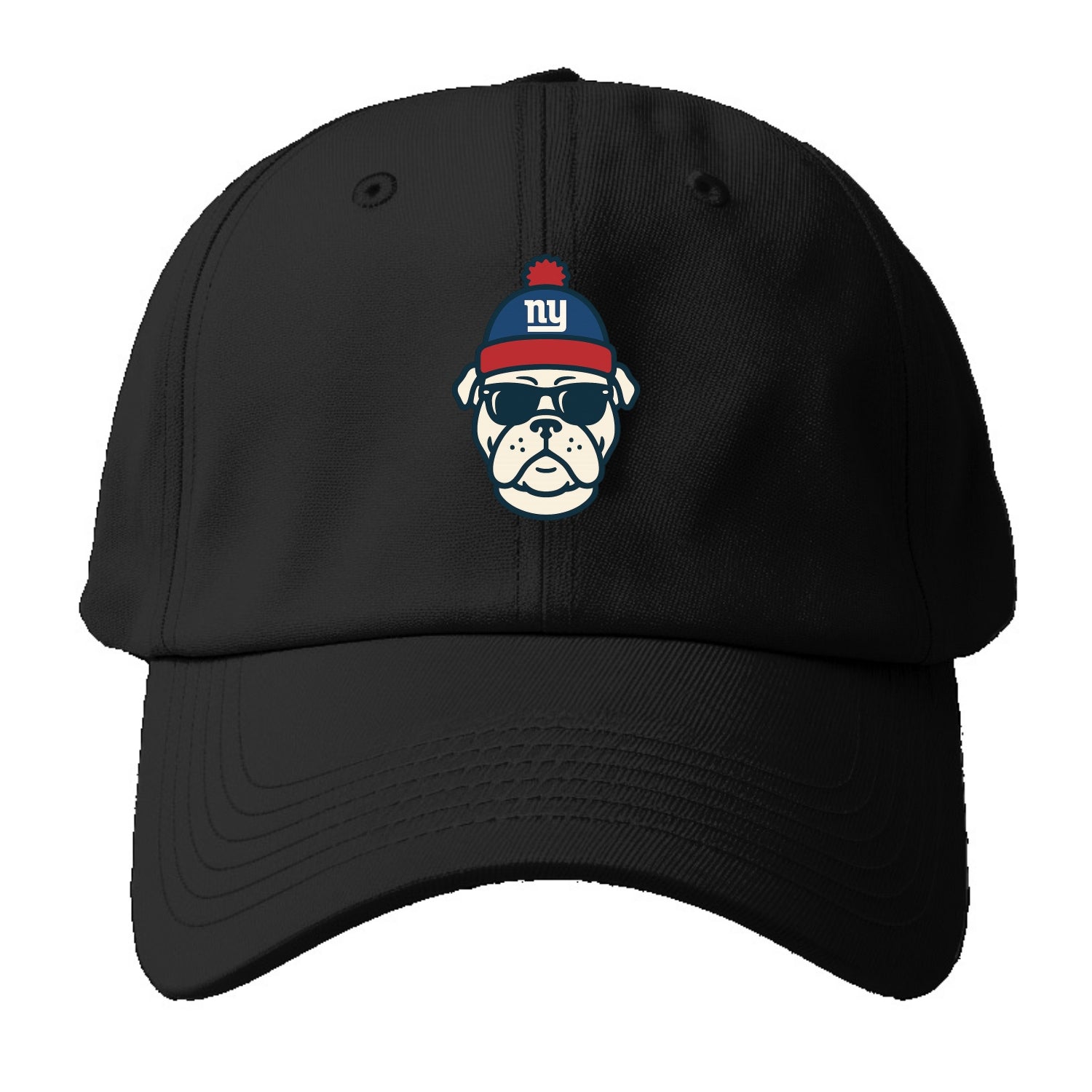 New York Bulldog wearing Giants blue and red beanie with pom pom and wayfarer - Baseball Cap - Black
