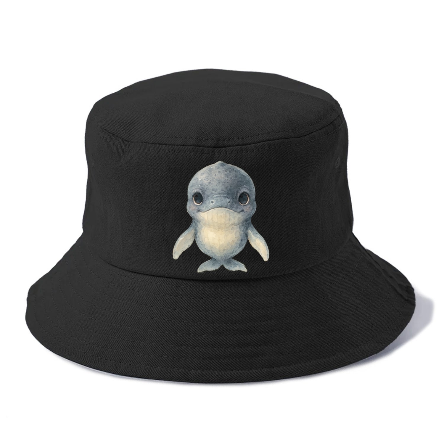 Baby Humpback Whale - dark gray with white flippers, large gentle eyes, front-facing, - Bucket Hat - Black