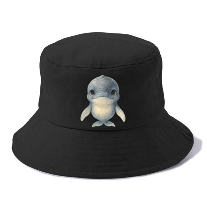 Baby Humpback Whale - dark gray with white flippers, large gentle eyes, front-facing, - Bucket Hat - Black