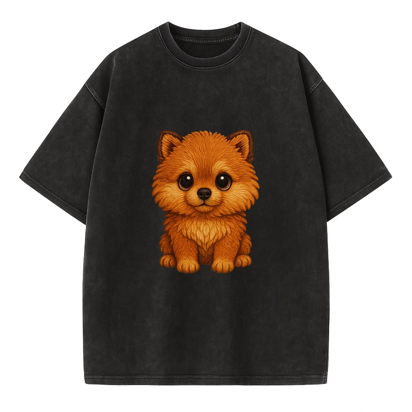 Baby Pomeranian Puppy - fluffy orange ball, fox face, tiny body, bright eyes, - Vintage T-shirt - Black