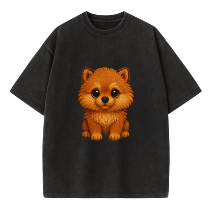 Baby Pomeranian Puppy - fluffy orange ball, fox face, tiny body, bright eyes, - Vintage T-shirt - Black