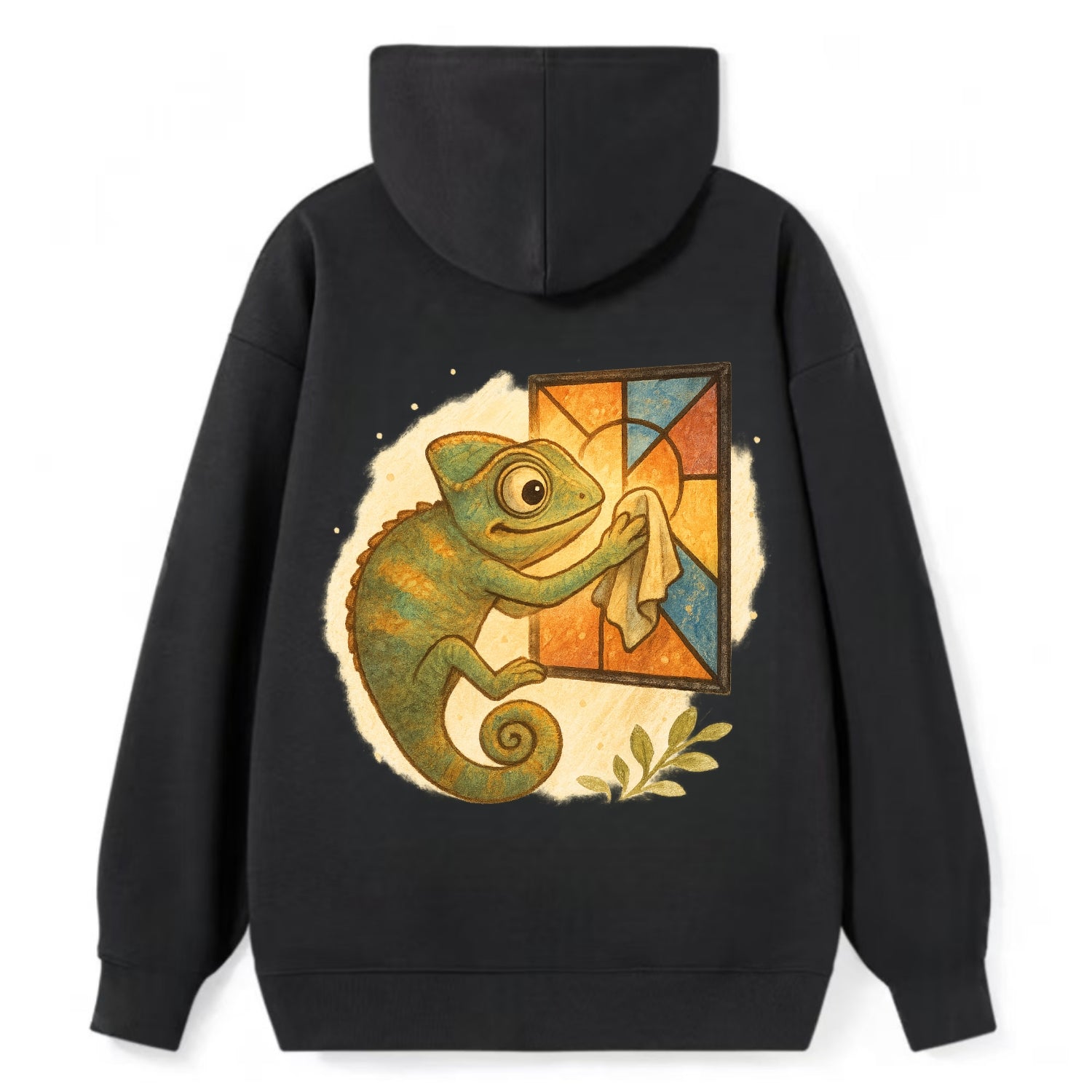 Chameleon blending into a stained-glass window it is polishing with - Classic Pullover Hoodie - Black