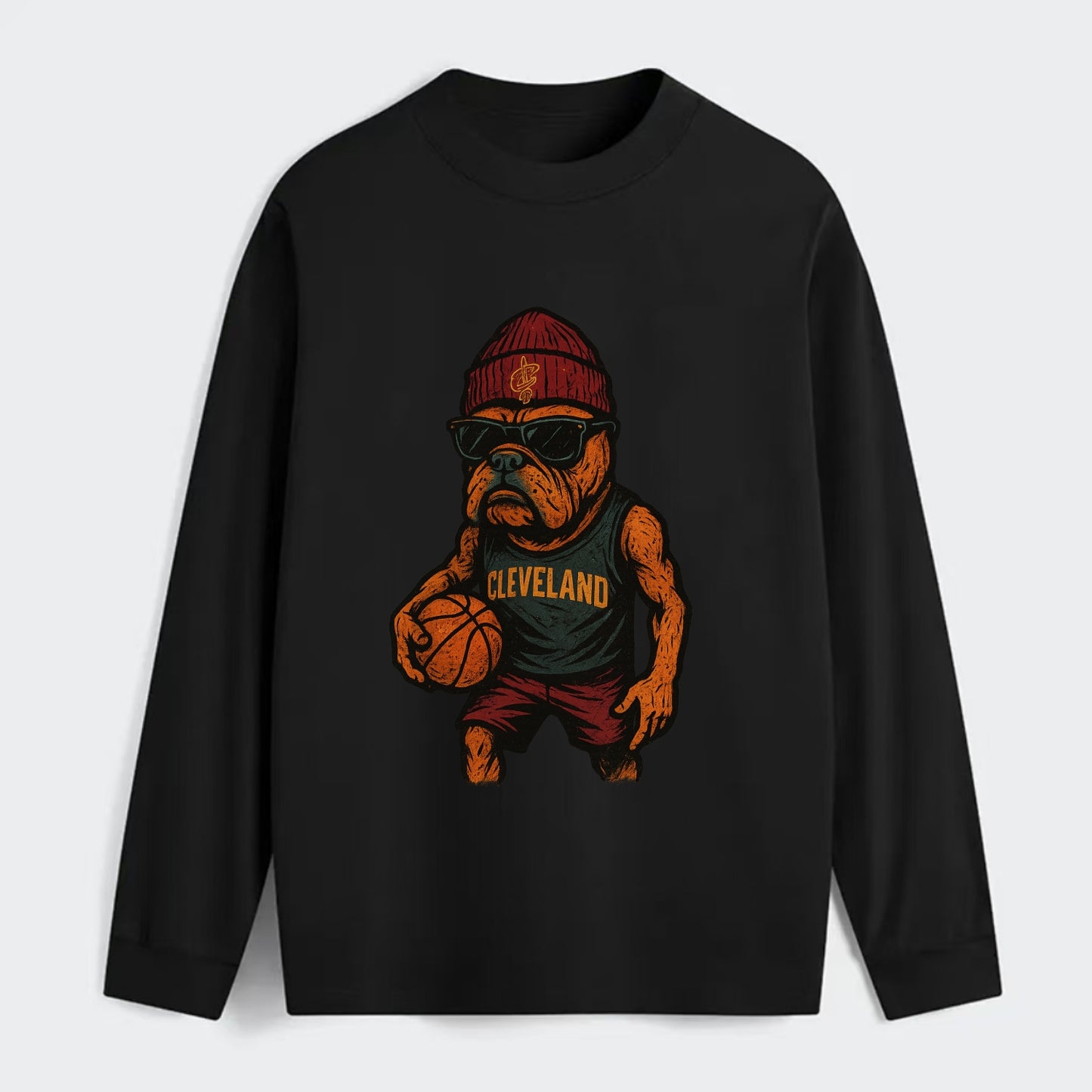Cleveland Bulldog wearing Cavaliers wine and gold beanie with sword - Classic Long Sleeve Shirt - Black