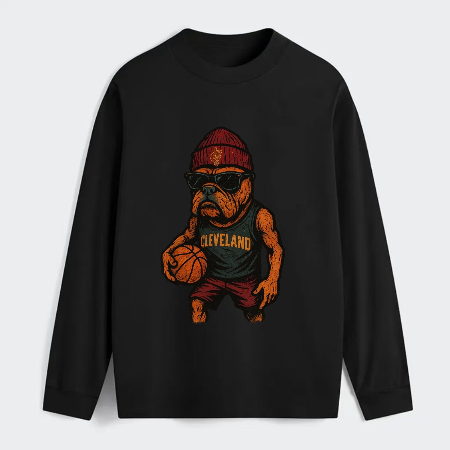 Cleveland Bulldog wearing Cavaliers wine and gold beanie with sword - Classic Long Sleeve Shirt - Black