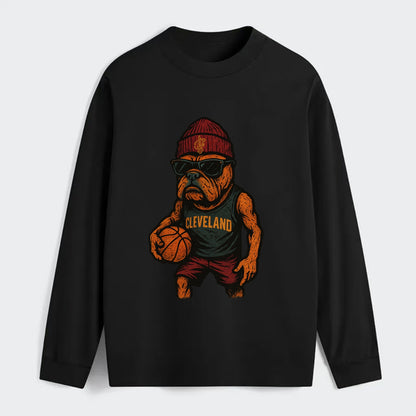 Cleveland Bulldog wearing Cavaliers wine and gold beanie with sword - Classic Long Sleeve Shirt - Black