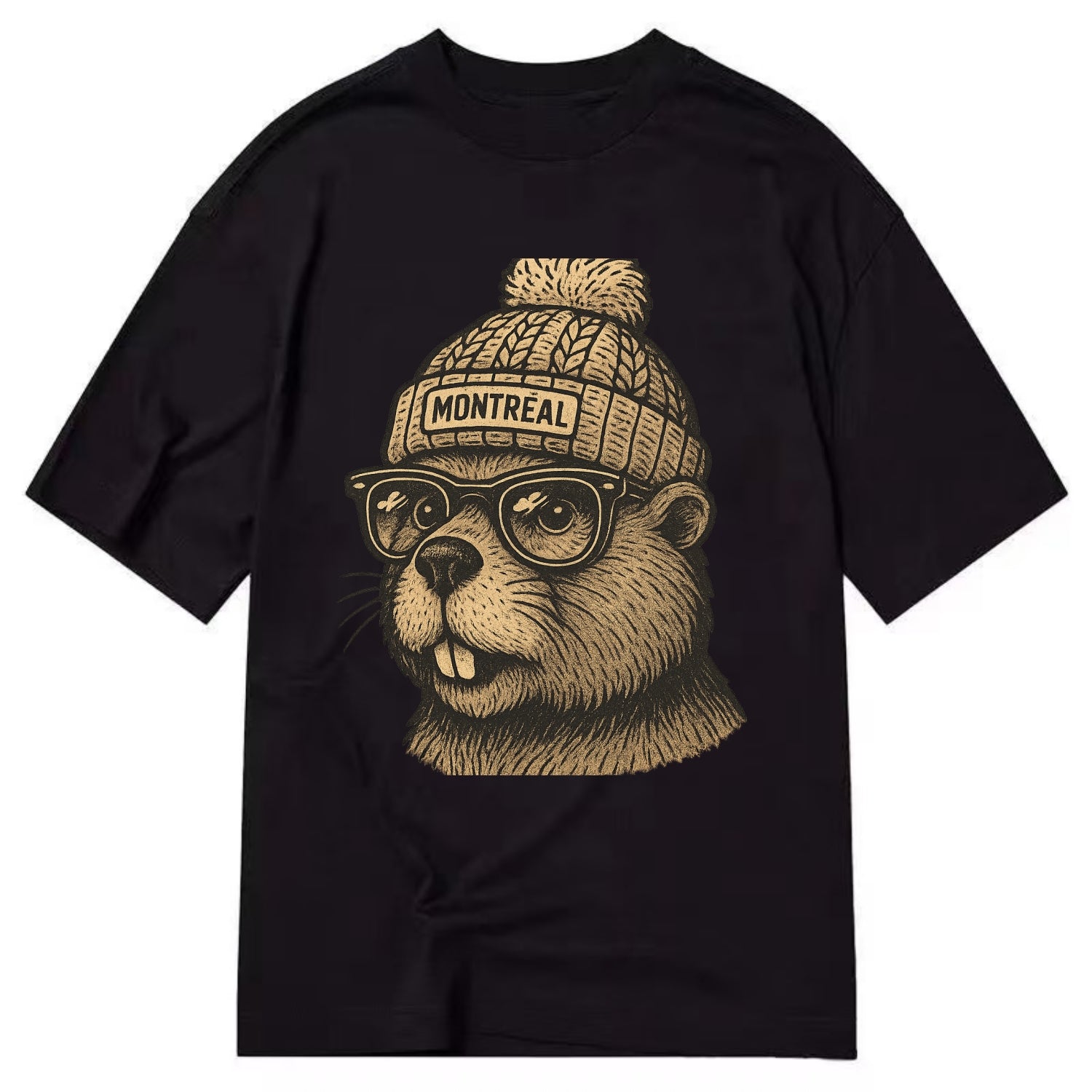 Montreal Beaver wearing Montreal beanie with pom pom and wayfarer sunglasses - Classic T-shirt - Black