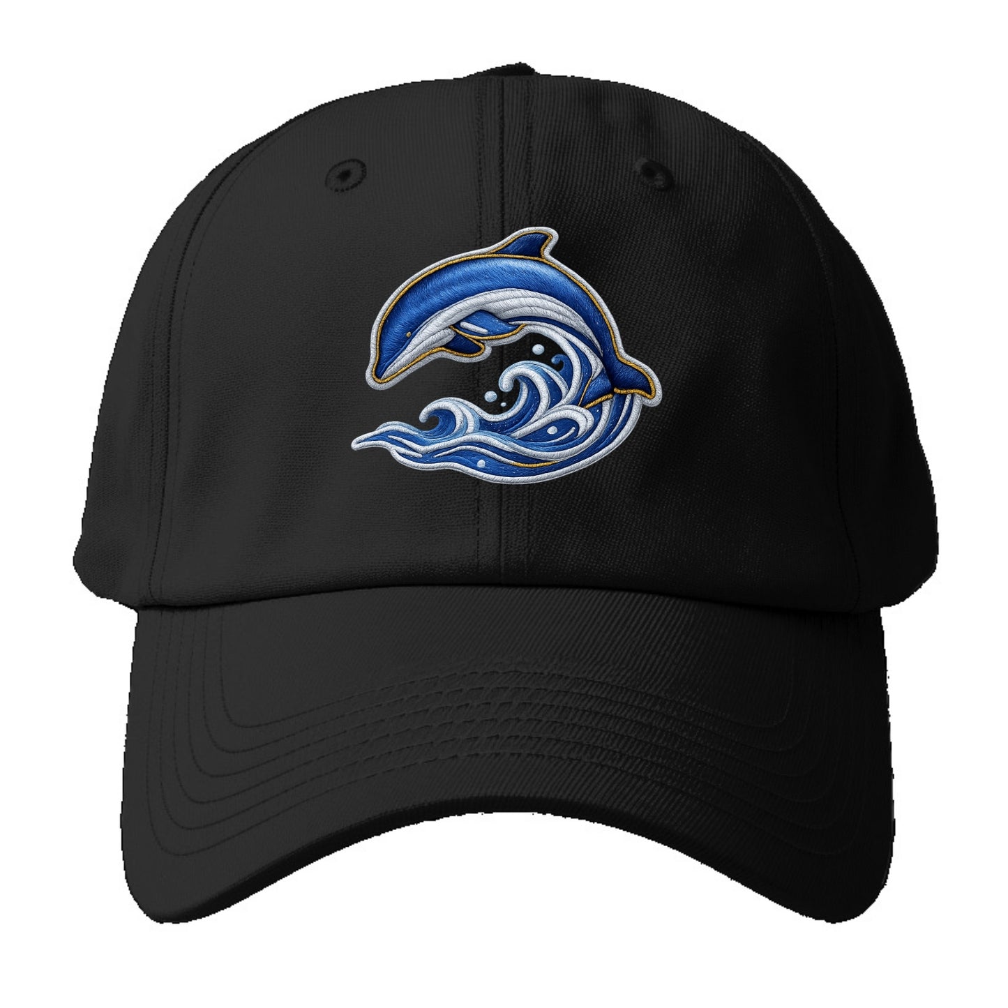 Embroidered patch design - SWIMMING DOLPHIN - diving dolphin with waves in blue and - Baseball Cap - Black
