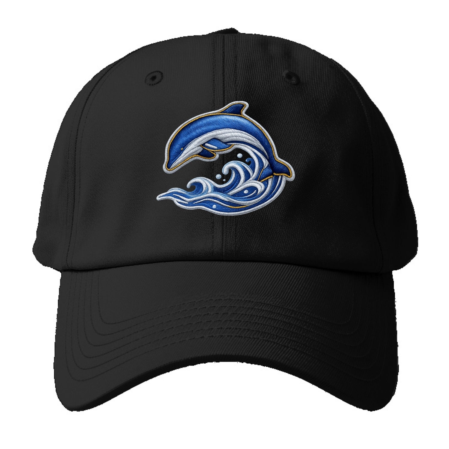 Embroidered patch design - SWIMMING DOLPHIN - diving dolphin with waves in blue and - Baseball Cap - Black
