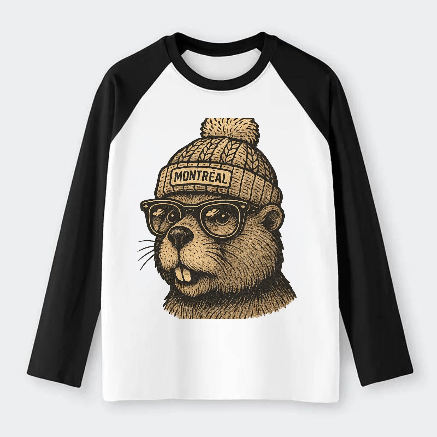 Montreal Beaver wearing Montreal beanie with pom pom and wayfarer - Raglan Long Sleeve T-Shirt - Black