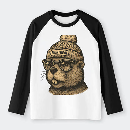 Montreal Beaver wearing Montreal beanie with pom pom and wayfarer - Raglan Long Sleeve T-Shirt - Black
