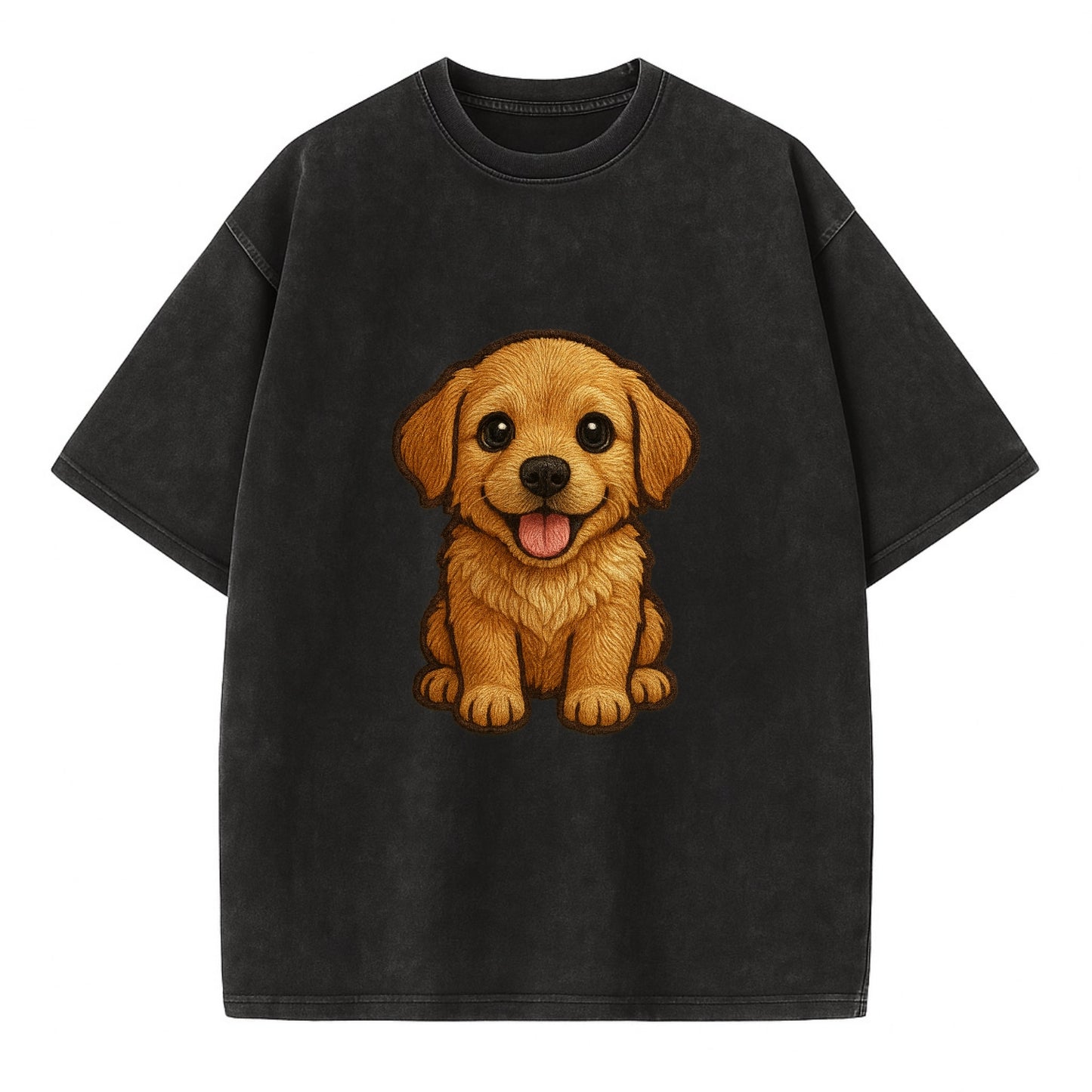 Baby Golden Retriever Puppy - fluffy golden fur, big brown eyes, pink tongue, - Vintage T-shirt - Black