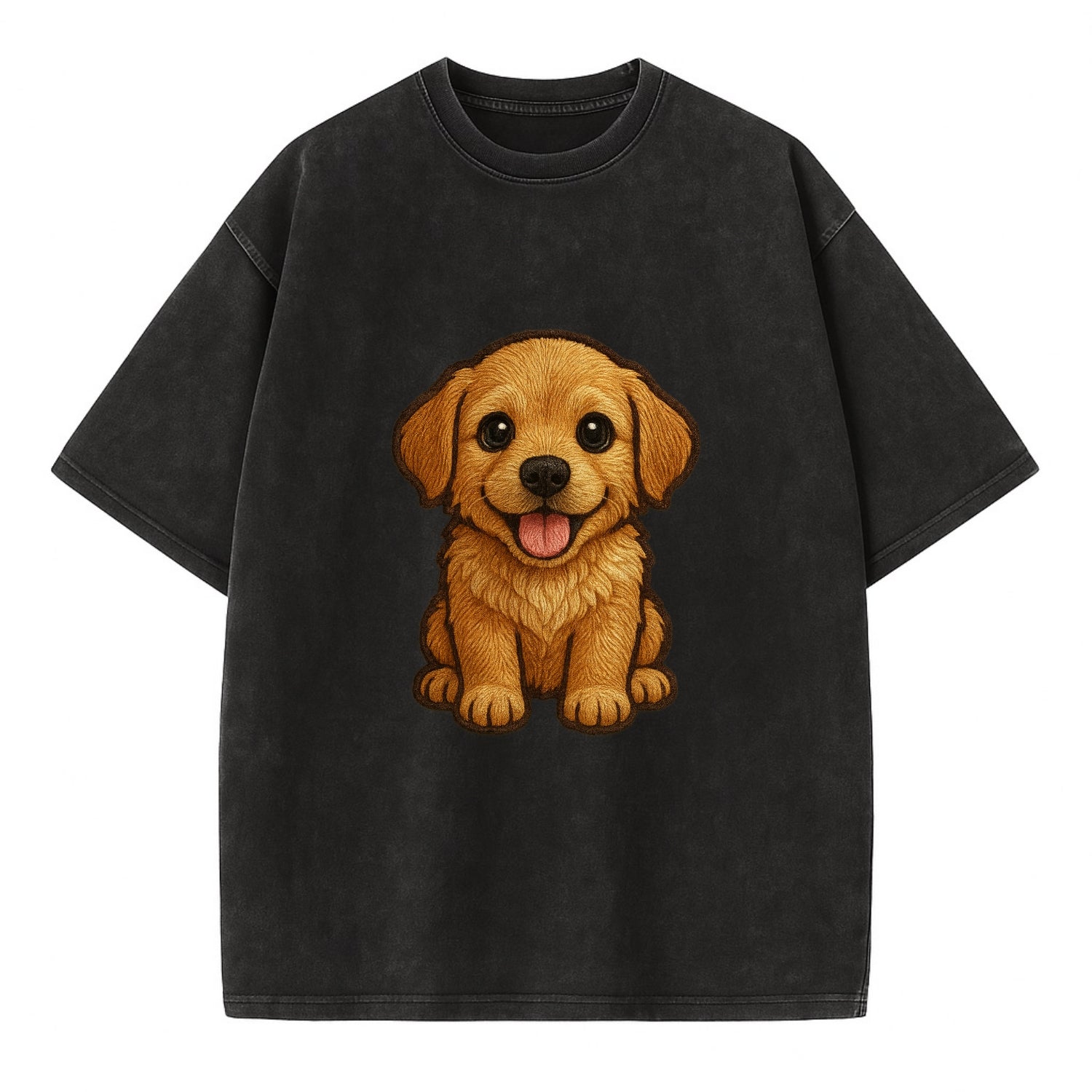 Baby Golden Retriever Puppy - fluffy golden fur, big brown eyes, pink tongue, - Vintage T-shirt - Black