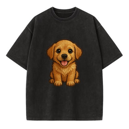 Baby Golden Retriever Puppy - fluffy golden fur, big brown eyes, pink tongue, - Vintage T-shirt - Black