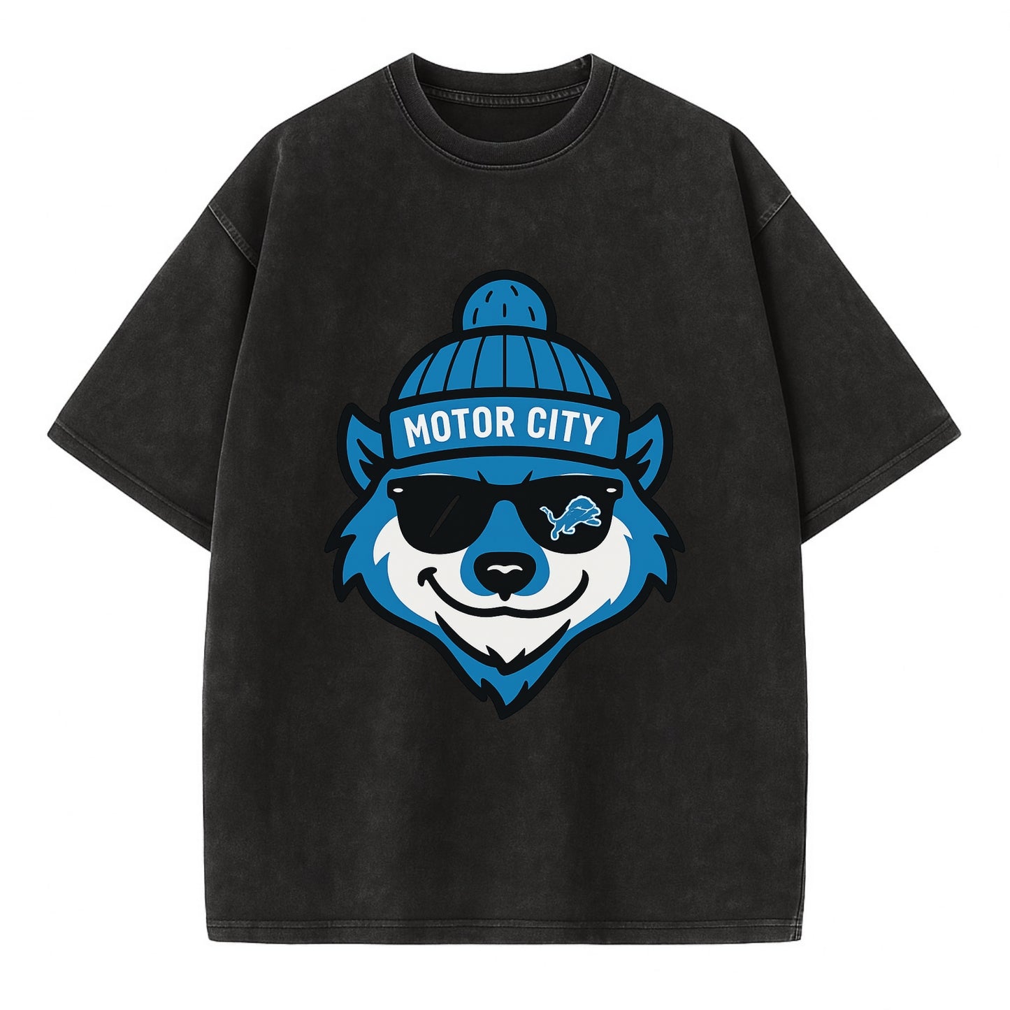 Motor City Wolverine wearing Lions beanie with gear patch and wayfarer sunglasses - Vintage T-shirt - Black