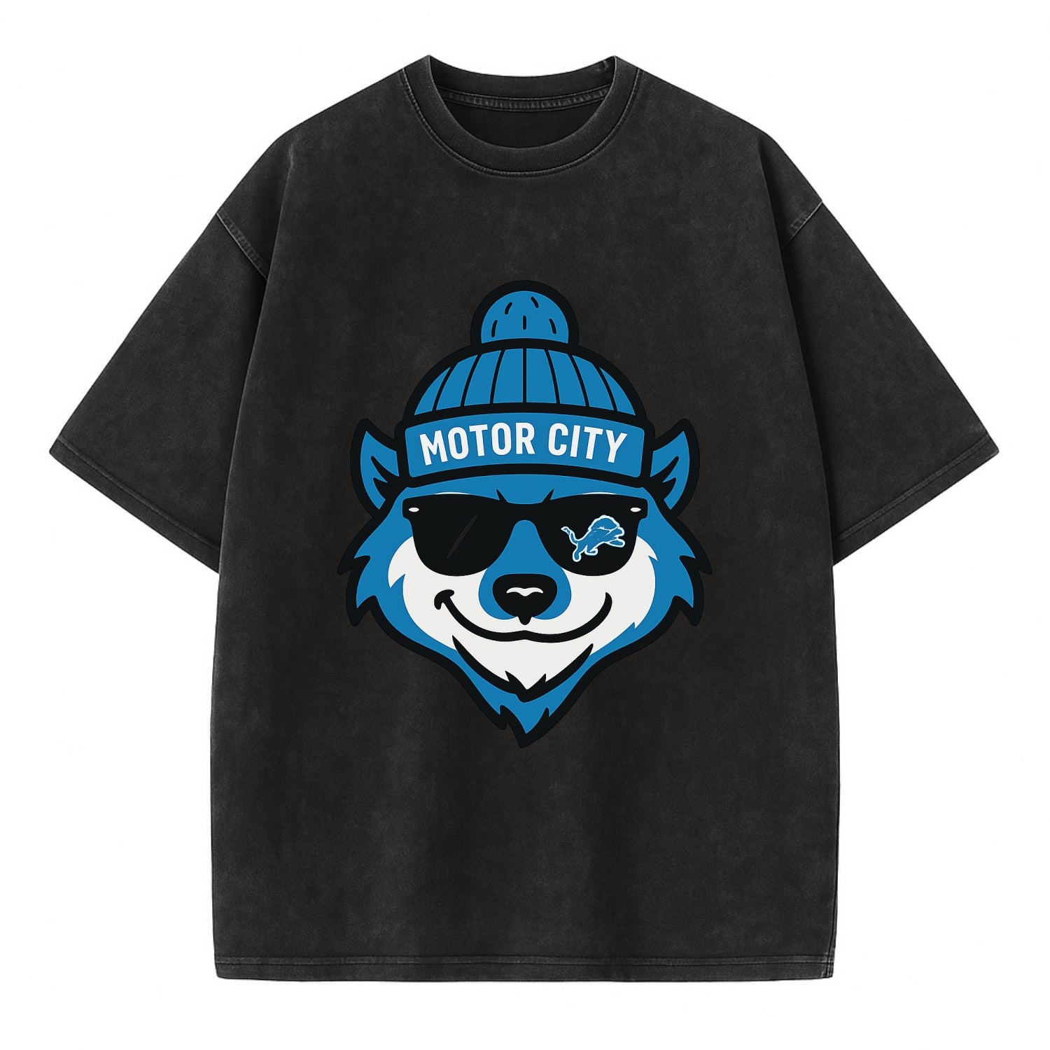 Motor City Wolverine wearing Lions beanie with gear patch and wayfarer sunglasses - Vintage T-shirt - Black